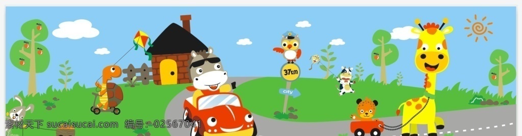 卡通背景 卡通 动物 长颈鹿 开车的动物 背景 绿色背景 卡通公路
