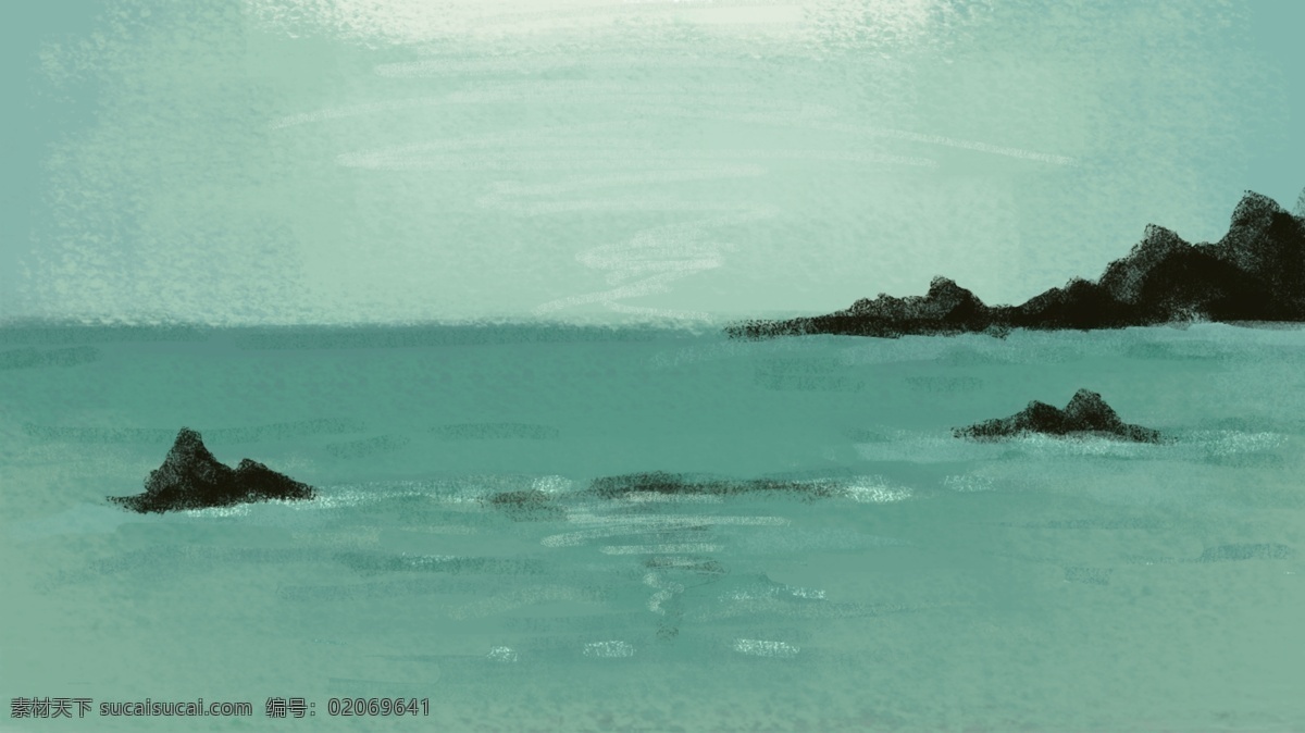 浪漫 清新 海岛 广告 背景 广告背景 海边 岛屿 手绘 礁石 油画