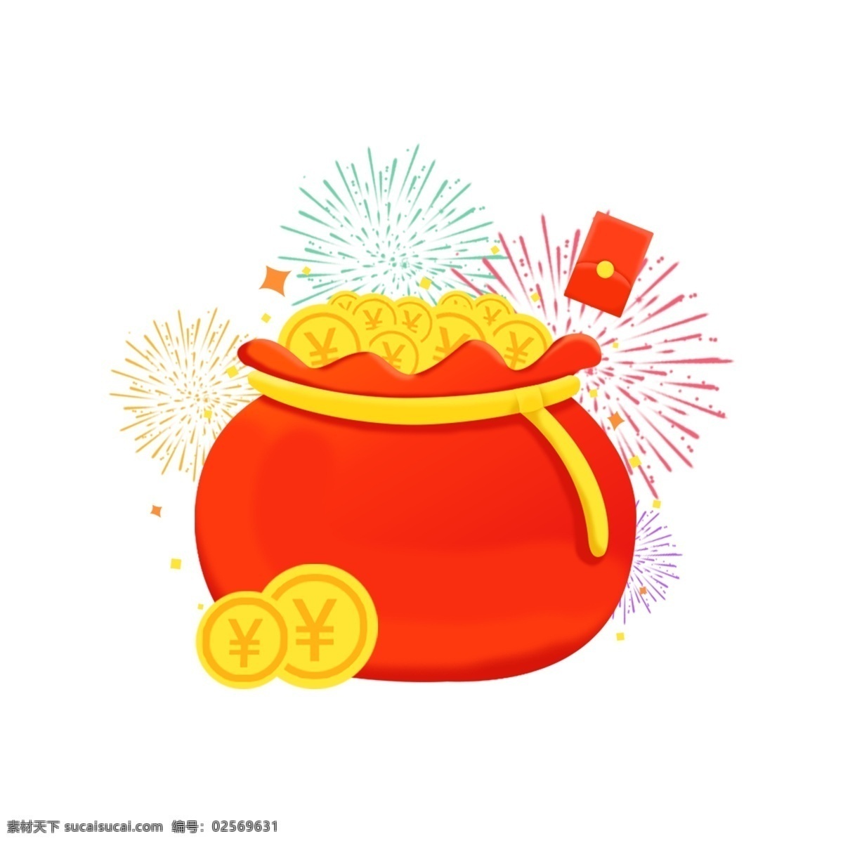 新年 钱袋 红包 理财 卡通 商用 装饰 元素 金币 烟花 喜庆 新年红包 漂浮物 可商用