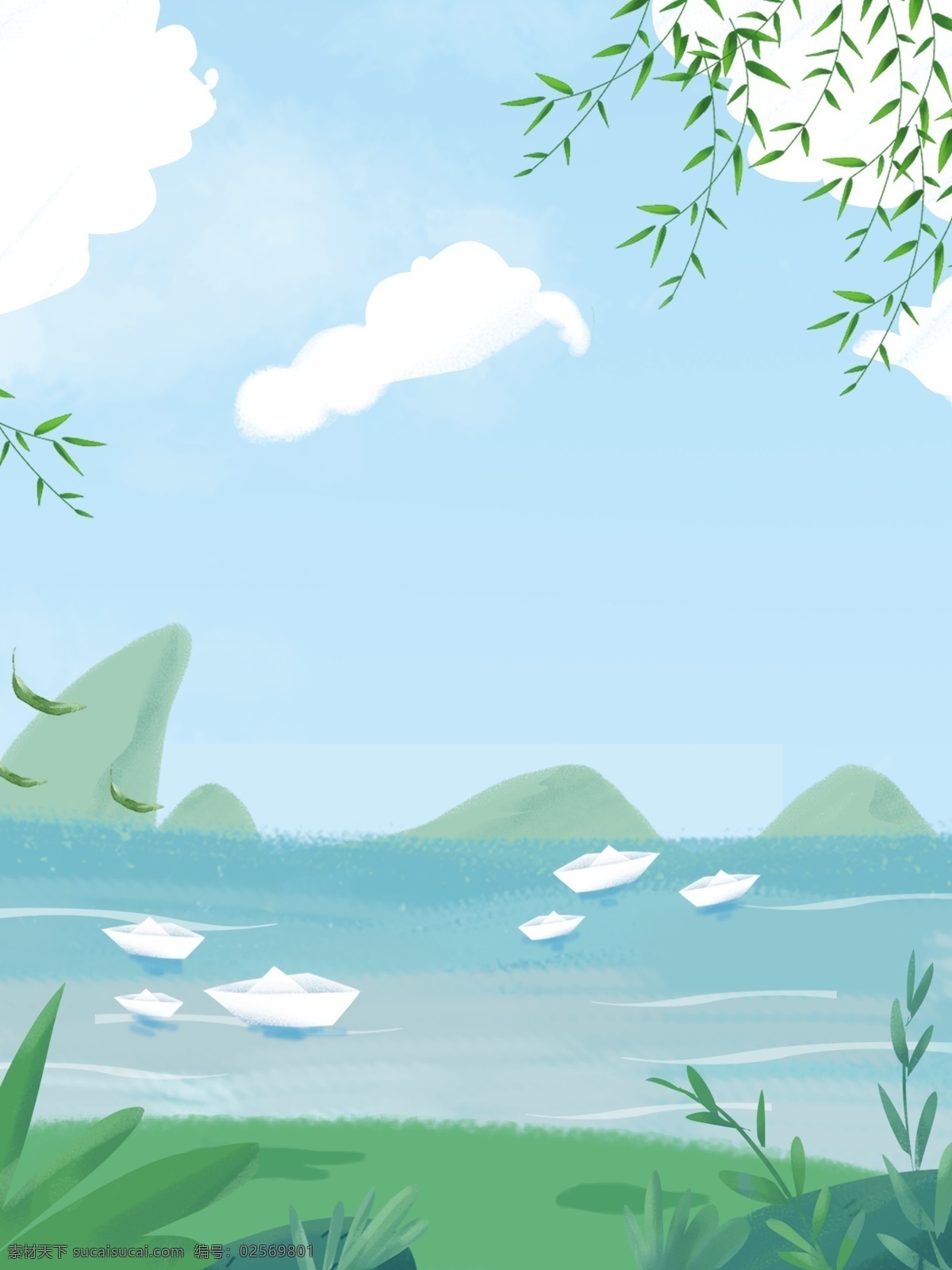 大气 简约 春天 景色 插画 背景 插画背景 植物背景 唯美 草地背景 绿地背景 蓝天白云 河边 山水风景