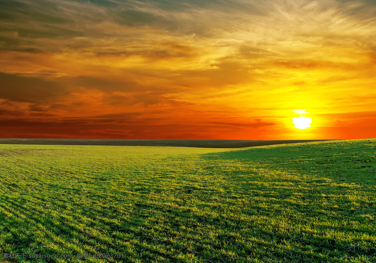 绿草地 夕阳 日出 阳光 红 云 自然景观 自然风景