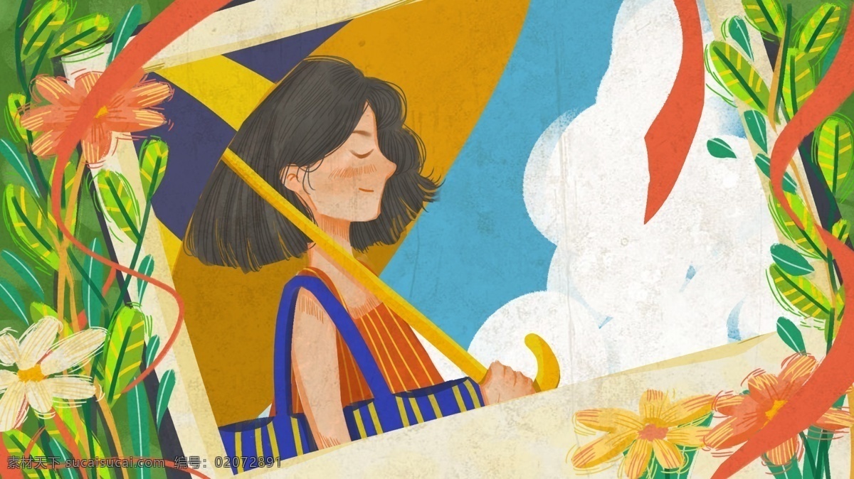 处暑 节气 夏天 秋老虎 人物 植物 原创 手绘 插画 女孩 照片 相片 拍立得