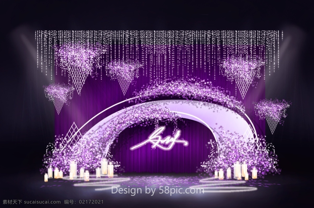 紫色 简约 迎宾 区 婚礼 效果图 唯美 梦幻 拱门 蜡烛网格 灯带 布幔 婚礼迎宾区