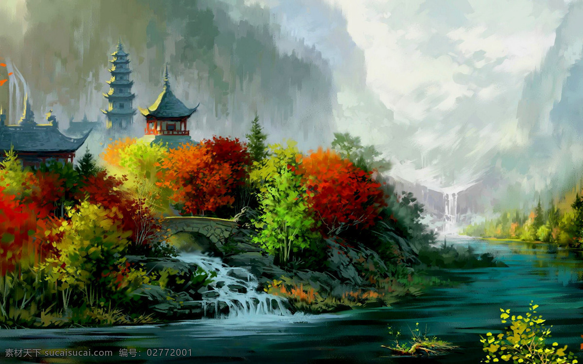 风景画 古塔 绘画书法 美术 瀑布 山岭 树木 古寺 秋色 设计素材 模板下载 古寺秋色 油画 山野 溪流 寺院 楼阁 云雾 油画艺术 油画作品36 文化艺术 家居装饰素材 山水风景画