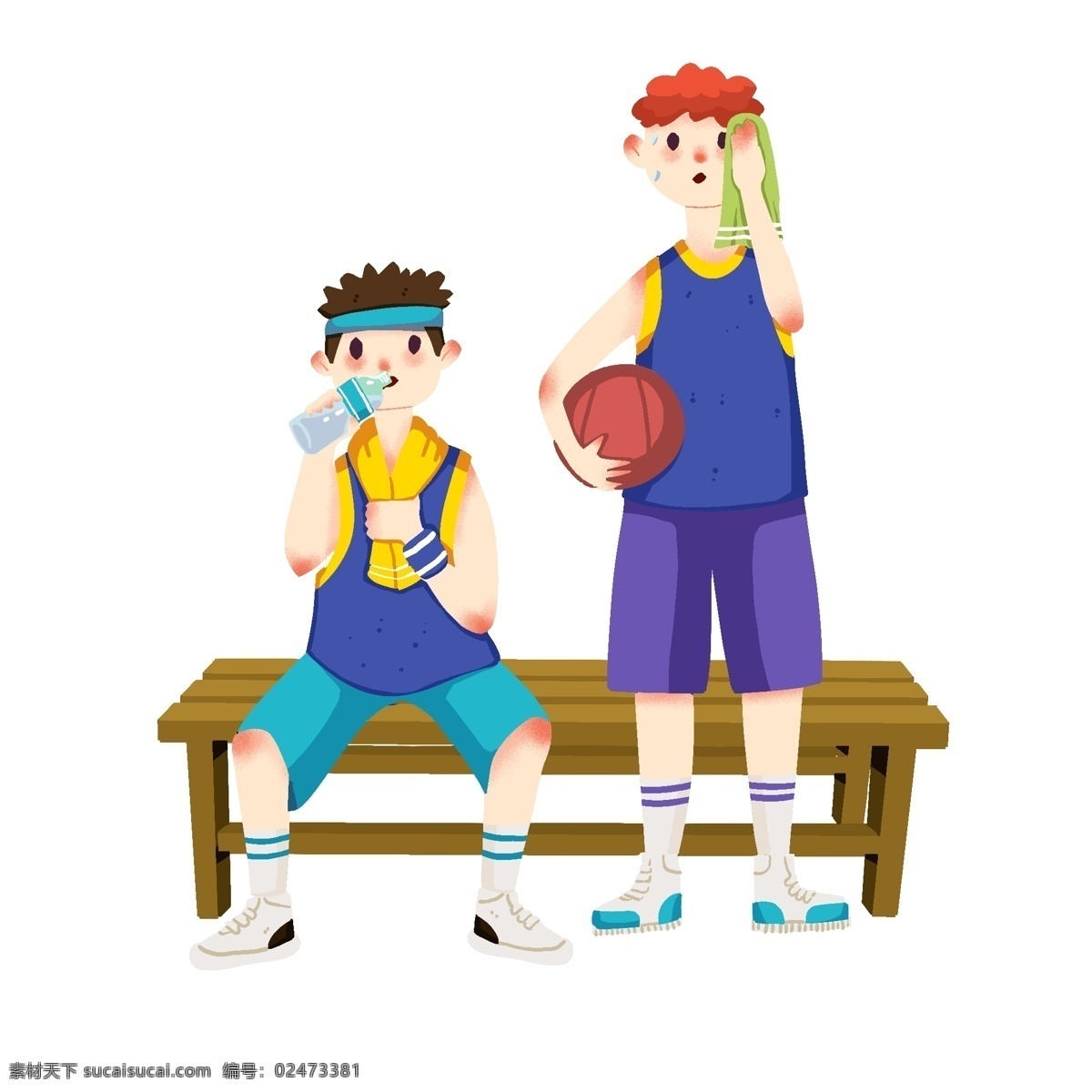 手绘 假期 篮球 插画 打篮球的孩子 卡通插画 快乐的假期 喝水的男孩 红色的篮球 手绘假期插画