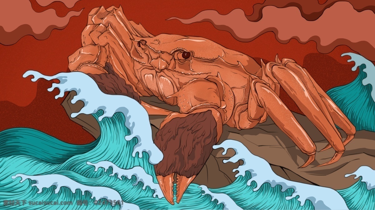 理想 大闸蟹 插画 美食 海浪 大海 壁纸