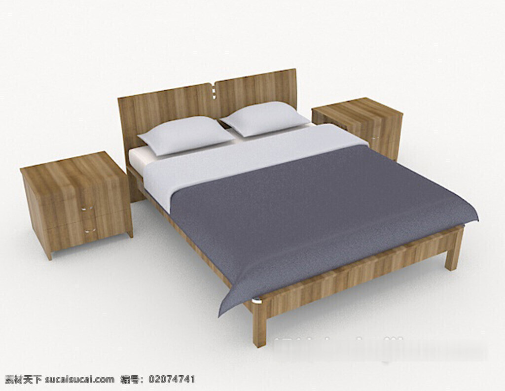 简约 木质 蓝白 双人床 3d 模型 3d模型下载 3dmax 现代风格模型 蓝色模型 白色