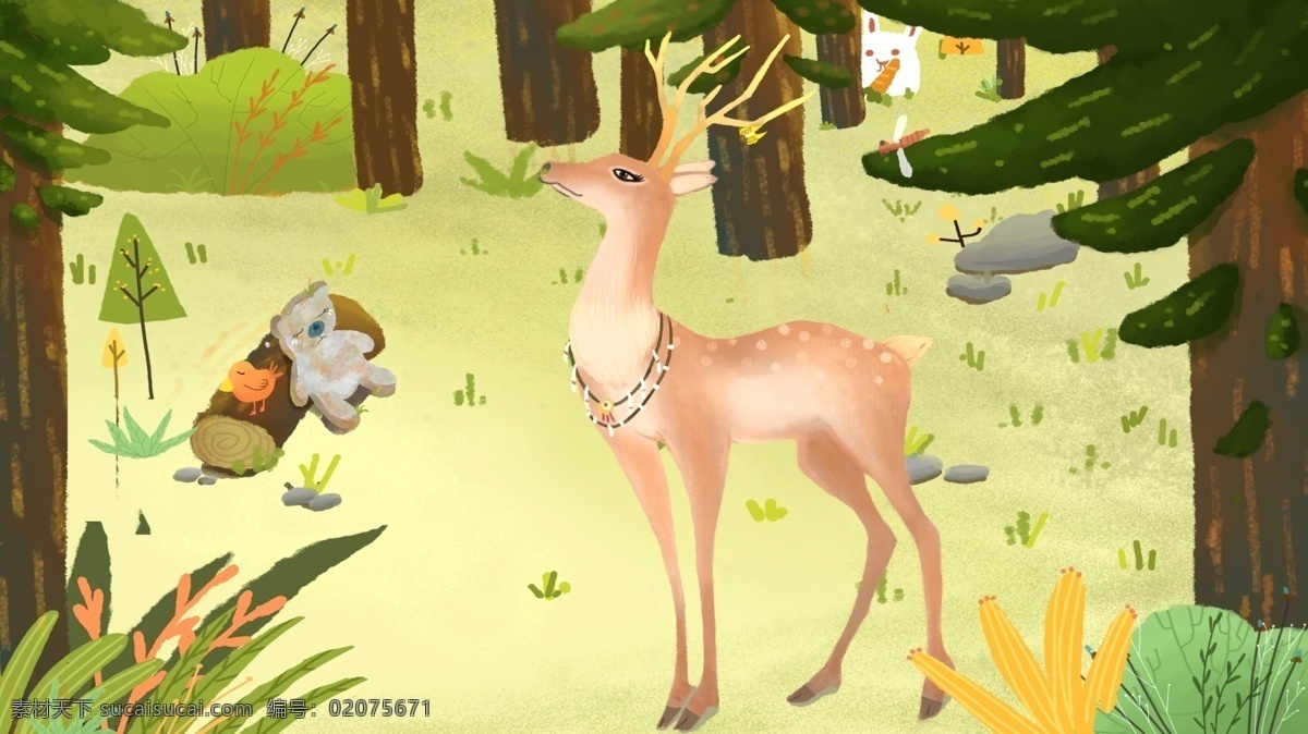 手绘鹿与森林 森林 绿色 清新 卡通 涂鸦 鹿 小熊 手绘 草坪