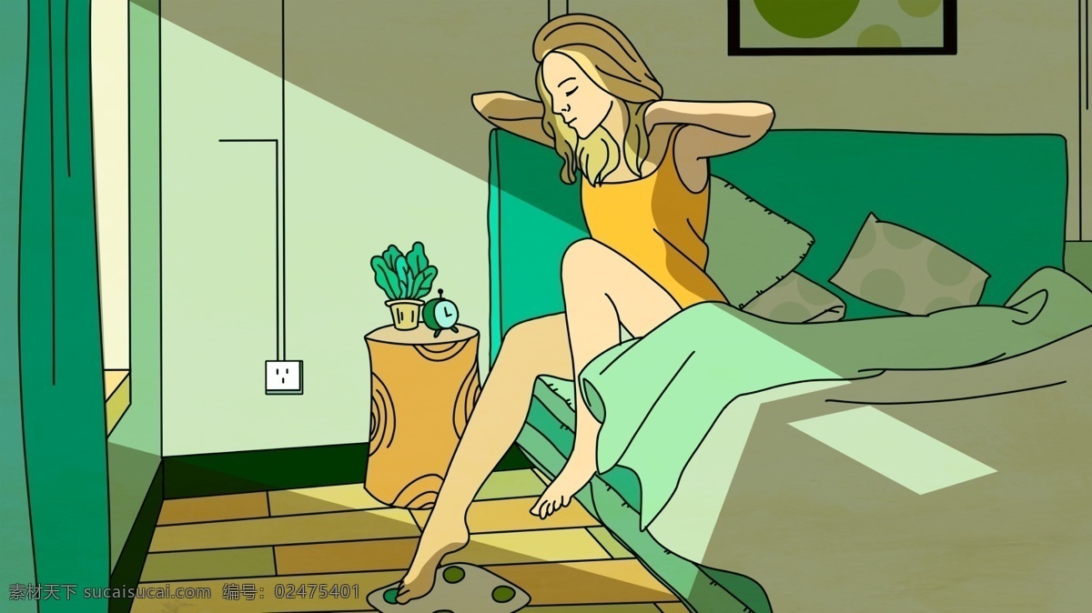 早安 生活 描 小 清新 插画 原创 商业插画 壁纸海报 人物 描边 生活场景 卧室 清晨 质感 扁平风格