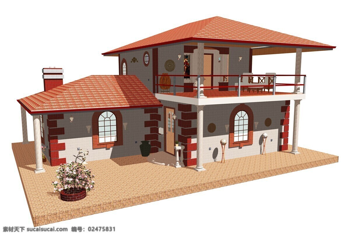 红色 屋顶 别墅 3d别墅 房子 房屋 建筑模型 建筑设计 效果图 环境家居