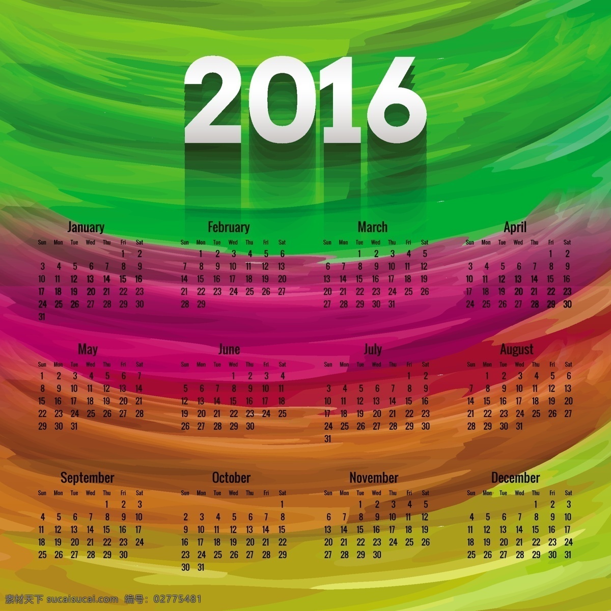 彩色 2016 日历 手绘 风格 水彩 模板 油漆 时间 数字 丰富多彩 计划 年 日期 时间表 日记 日 月 周 手画 组织者 绿色