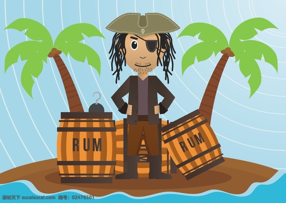 海盗 插画 矢量图 海盗帽 危险 平坦的 可爱的 dreadlock 眼罩 棕色 岛 树 椰子 朗姆酒 钩 有趣 快乐 元素 背景 壁纸