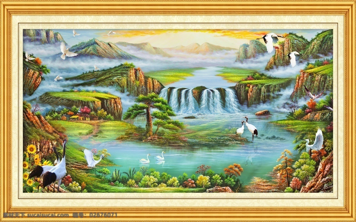 油画 风景 壁画 风景壁画 风景画 风景山水壁画 瀑布 瀑布风景 山水 山水风景 山水画 模板下载 油画风景 中堂画 自然风景 装饰素材