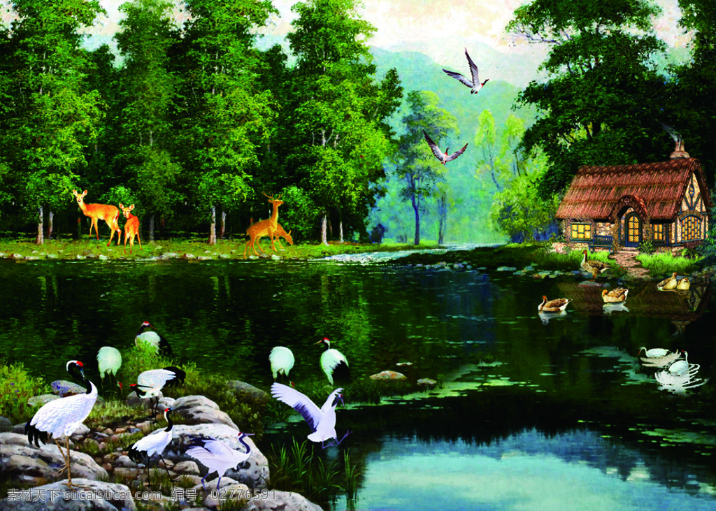 美丽 小屋 山水 树木 装饰画