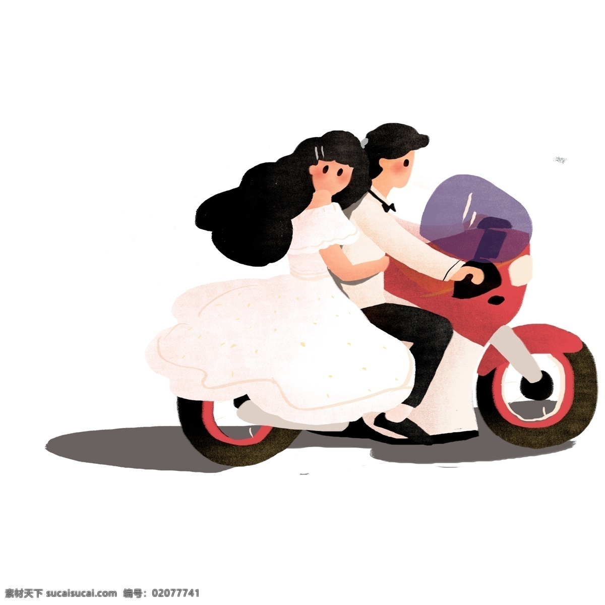 彩绘 骑 机车 新郎 新娘 商用 元素 小清新 插画 手绘 复古设计 私奔 婚礼季