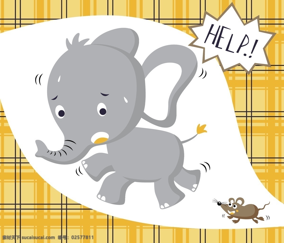 委屈 呆 萌 大象 儿童 插画 黄色底纹 格子底纹 动物 儿童插画 老鼠 黑色英文 可爱表情