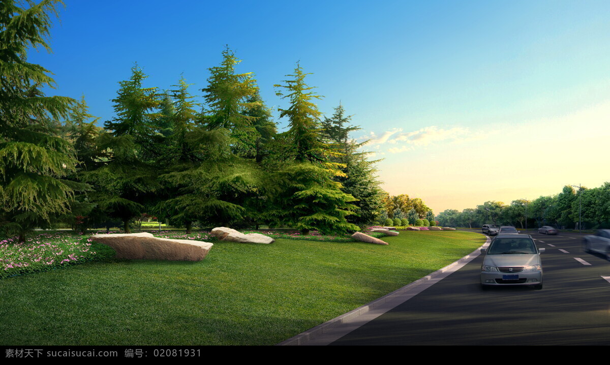 道路 汽车 效果图 高清 景观 室外 园林 装饰素材 园林景观设计