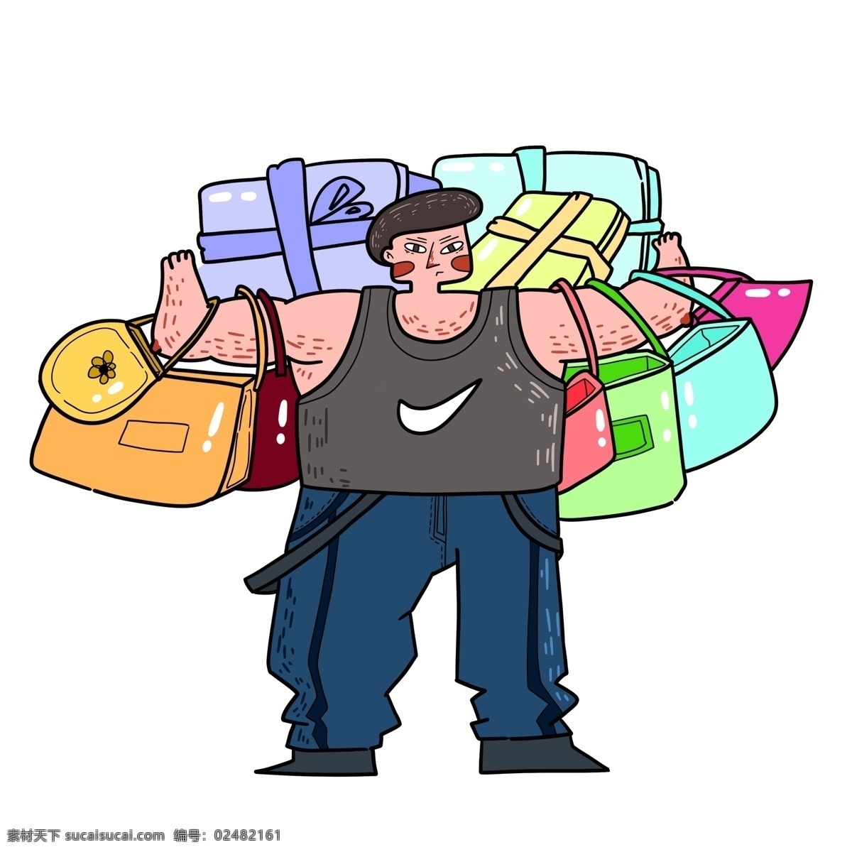 包包 礼盒 强壮 男子 涂鸦 风格 双十一 购物 插画 购物袋 手绘 涂鸦风格 人物设计