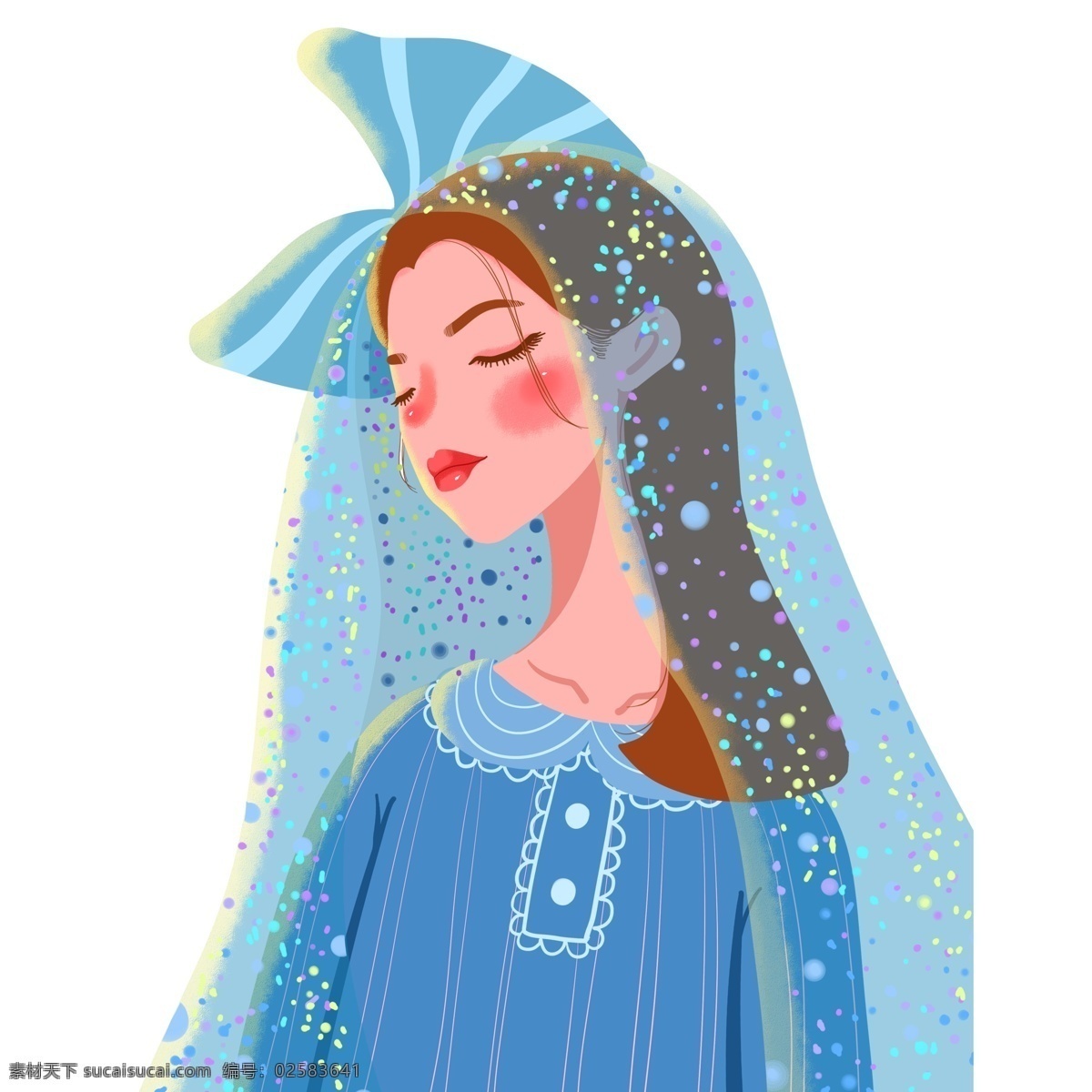 唯美 手绘 女孩 人物 背影 蓝色 人物背影 插画人物 头纱 治愈系