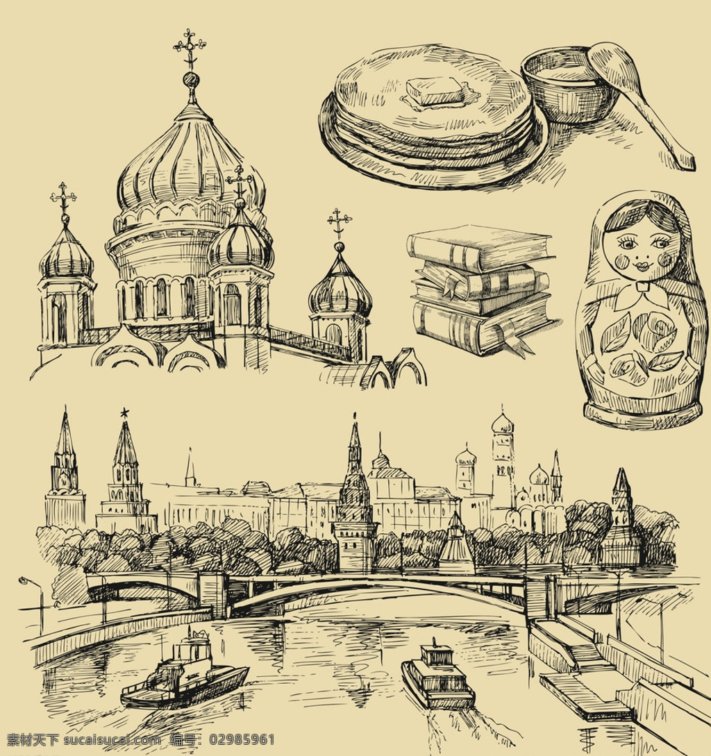 手绘俄罗斯 手绘俄国城市 俄罗斯 套娃 克里姆林宫 瓦西里大教堂 洋葱头建筑 莫斯科 文化艺术 绘画书法 黄色
