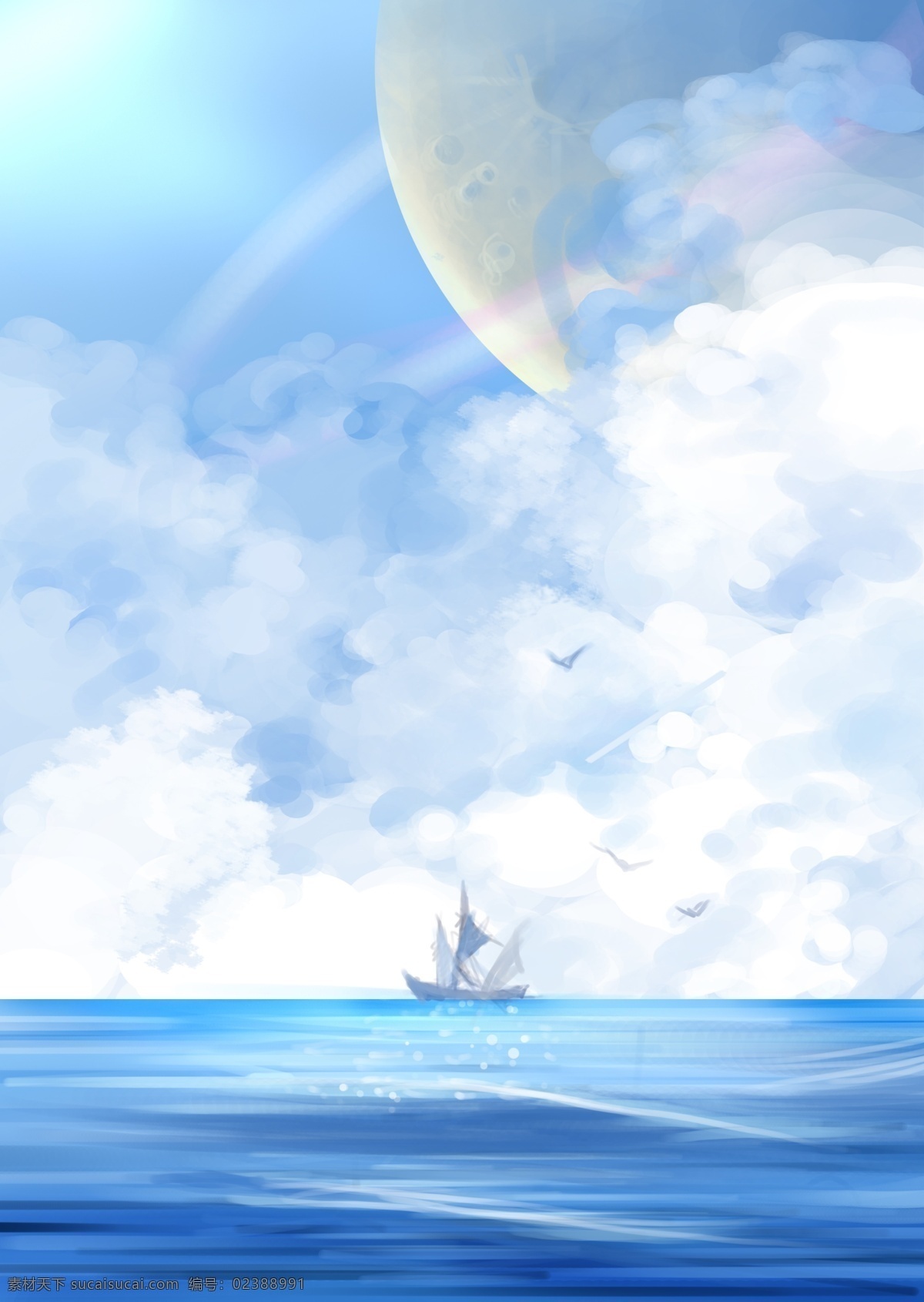 日月星空 海插画 日月 海洋 云海 云朵 船只 飞鸟 船 广告设计模板 源文件