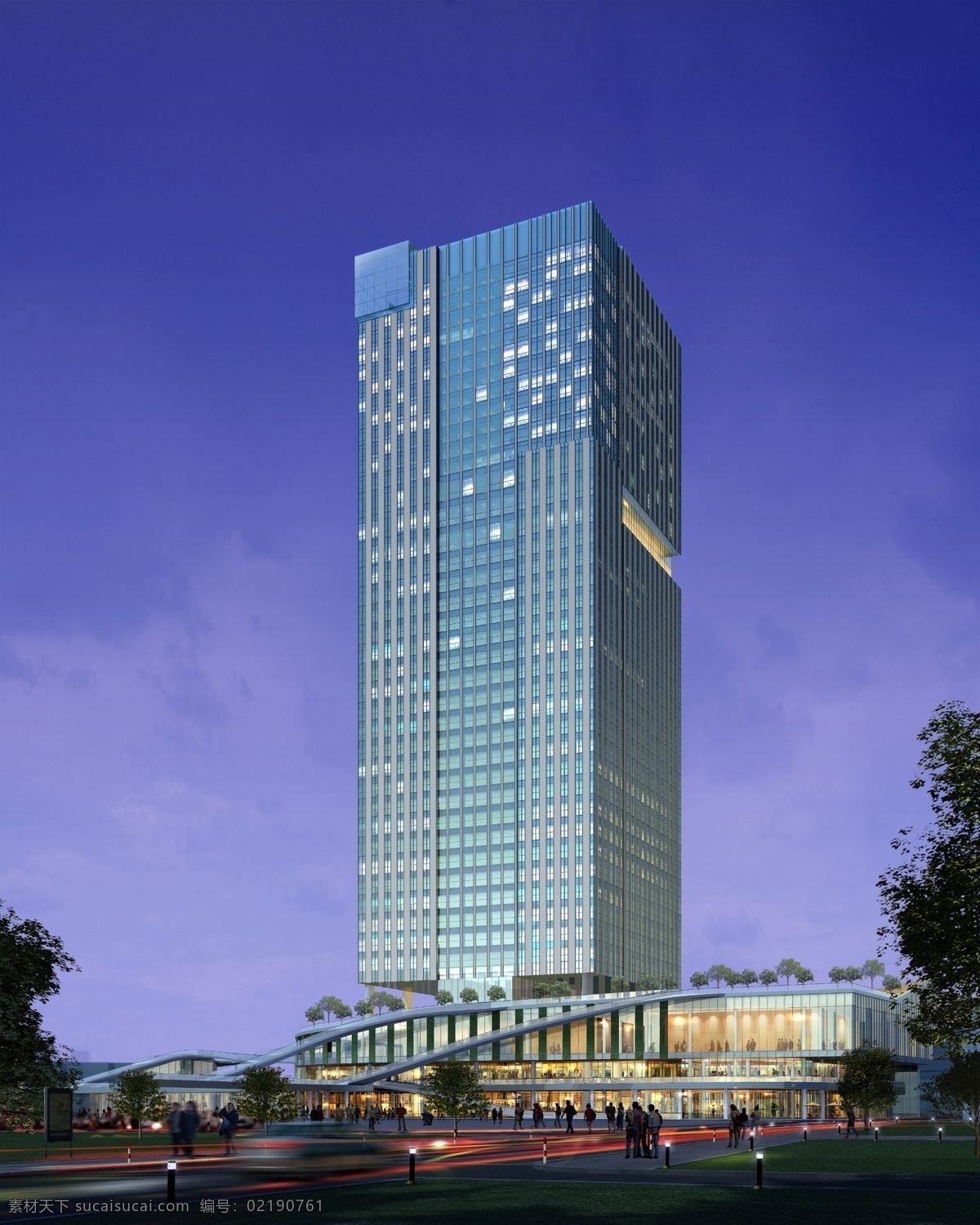 商务楼 夜景 环境设计 人物 路灯 草地 树木 房屋 建筑物 蓝色天空 景观设计
