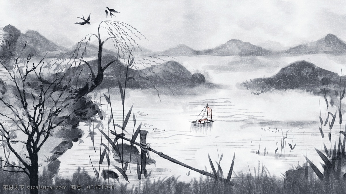 古风 唯美 中国 风 水彩画 水墨画 插画 中国风 壁纸 手机配图 电商用途