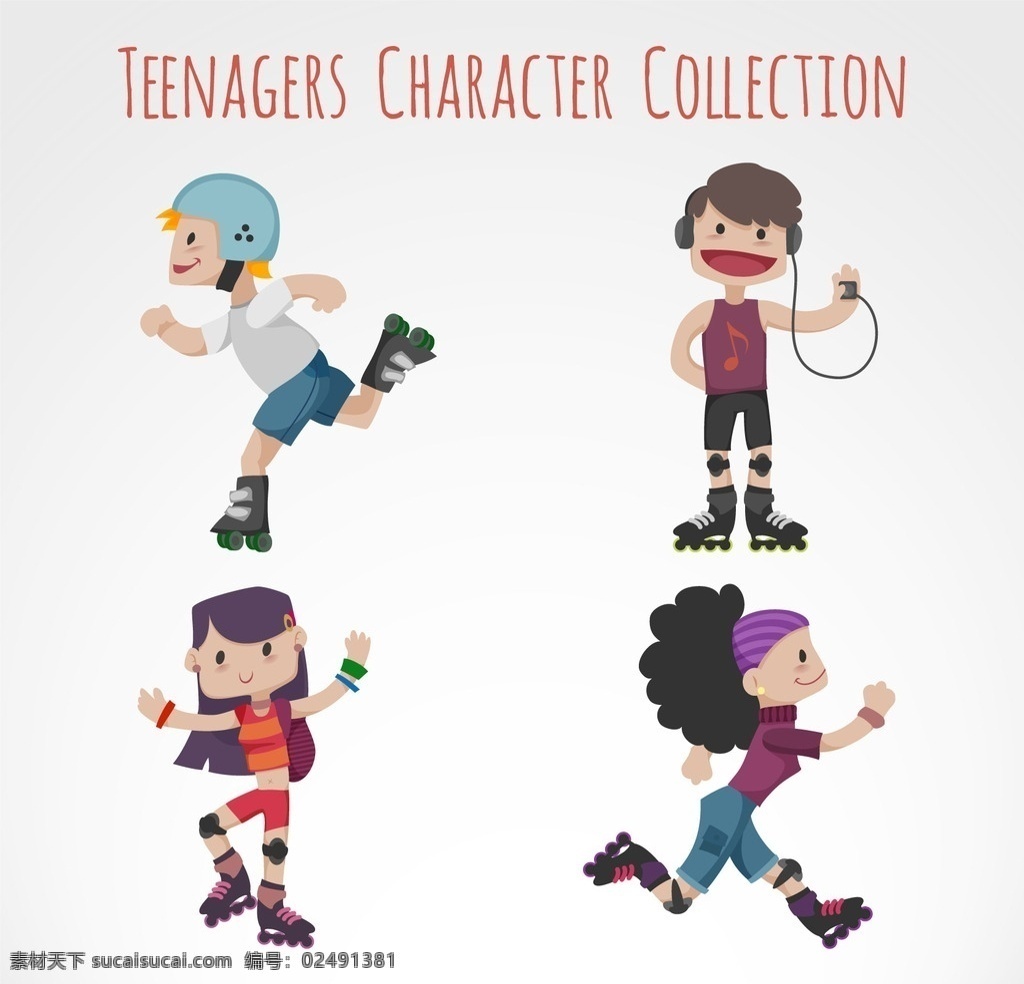 卡通 溜冰 青少年 人物 学生 性格 朋友 衣服 男孩 耳机 现代 头盔 年轻 风格 少年 青年