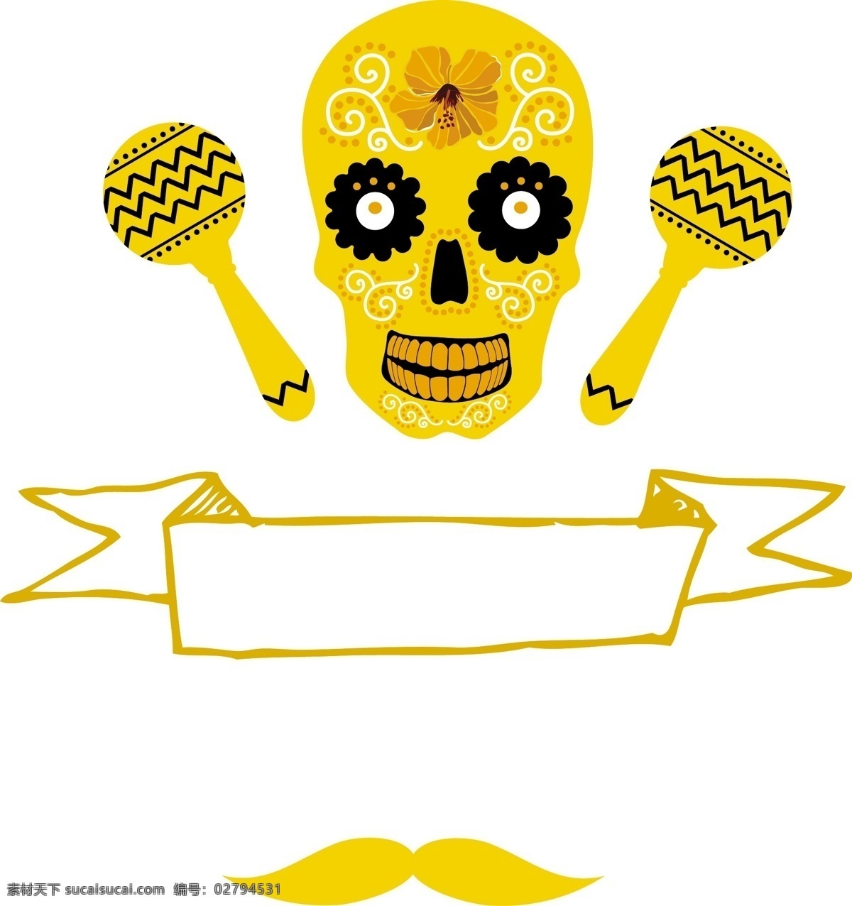 黄色 骷髅 头 元素 手绘 花纹 棒棒糖 骷髅头 线条