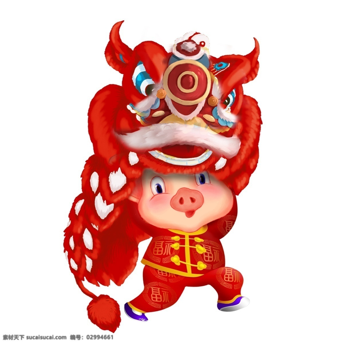 红色 喜庆 舞龙 猪 中国 风 中国风 春节 卡通猪猪 手绘 舞狮舞龙 猪年形象 2019年