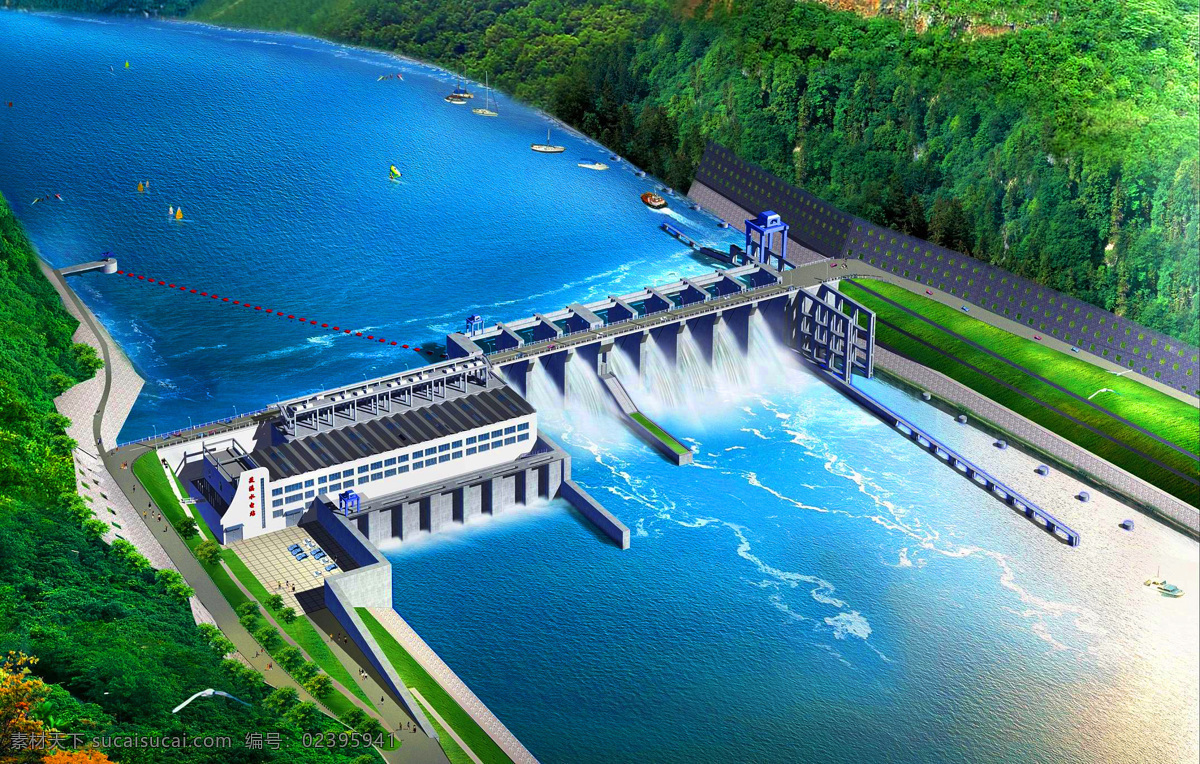 河流 大坝 发电站 水力发电 水利电站 自然风景 环境设计 效果图