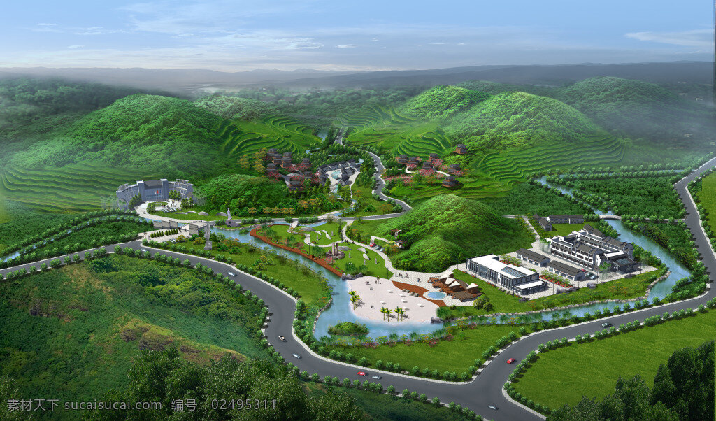 山体 建筑 鸟瞰图 梯田 山坡 绿色