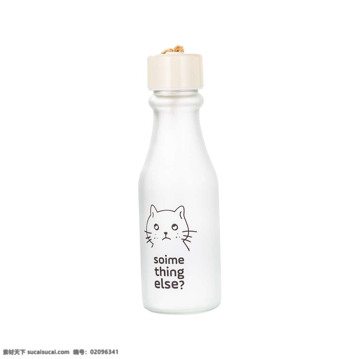 白色 立体 饮料 瓶子 元素 创意 光泽 圆润 喝的 绳子 悬挂 小猫 绘画 瓶盖 装饰 英文 纹理 宣传