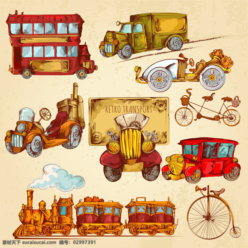 彩绘 复古 交通工具 矢量 双层巴士 火车 敞篷车 拖拉机 eps格式 双人自行车 蒸汽机车