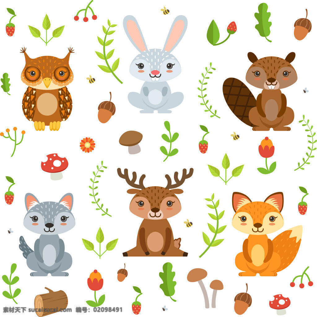 卡通 森林 动物 矢量 兔子 小鸟 蘑菇 树木 树叶 狐狸 麋鹿 猫头鹰