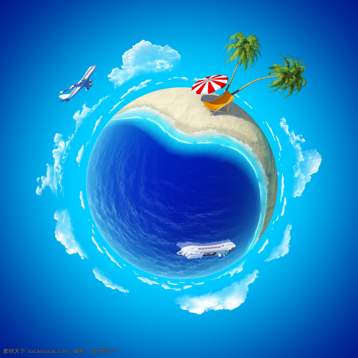 蓝色 地球 海洋 椰子树 背景 飞机 云朵 时尚花纹 立体背景 简约时尚背景 底纹背景 底纹边框 花纹边框 地球图片 环境家居