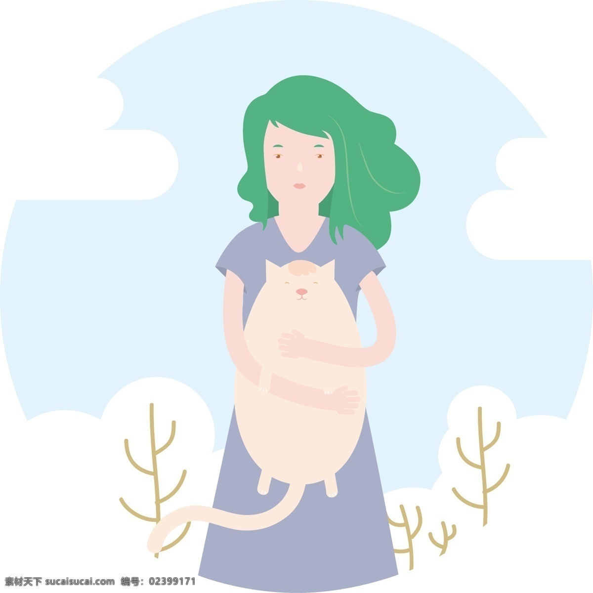 女孩和 x27 猫 插图 模式 背景 壁纸 装饰 装修 无缝的 时髦的 形状 矢量 粉彩 女孩 树 绿色 圆
