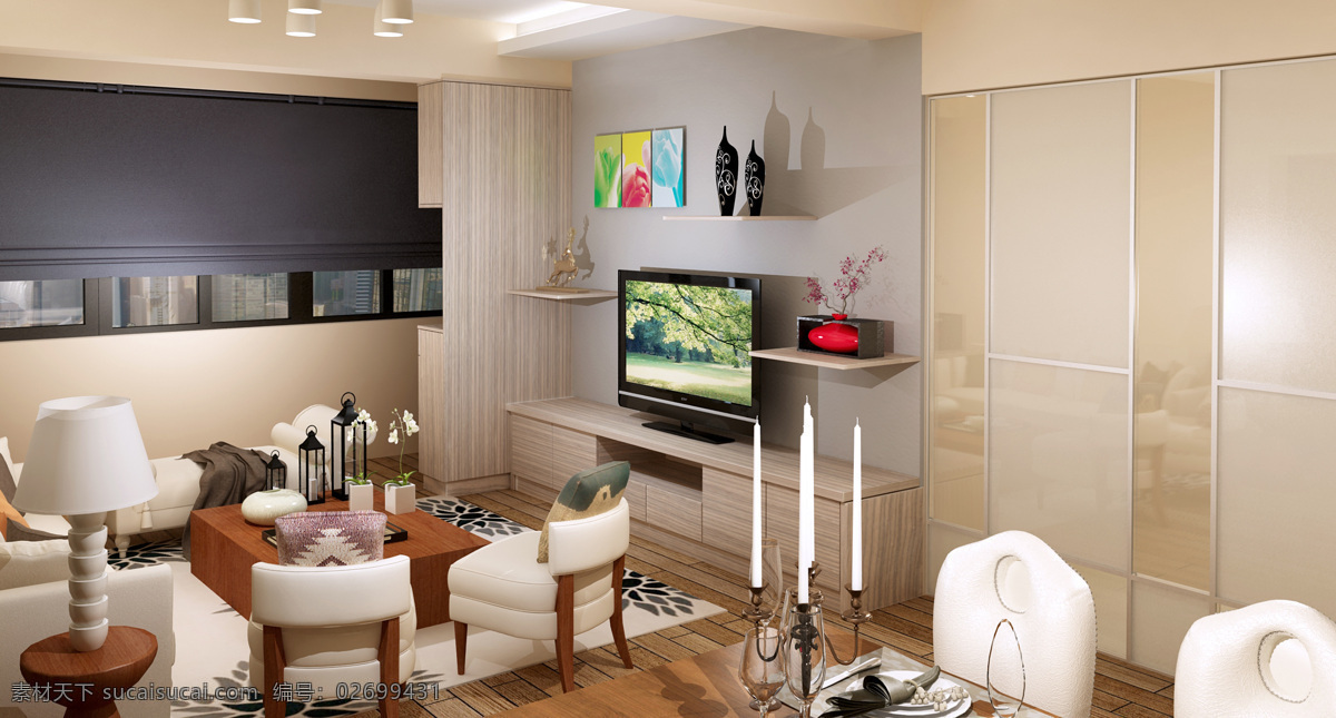 客厅 3d 3d设计 餐桌 茶几 电视柜 拉门 沙发 3d模型素材 其他3d模型
