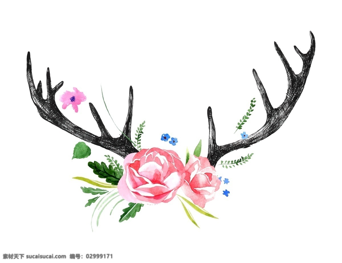 森 系 花朵 鹿角 小鹿 手绘 插画 矢量 花束 日系 图案 卡通 绘画 物品 水彩