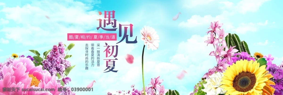 淘宝 电商 夏季 女装 海报 banner 服装 蓝天 背景 花 初夏背景海报