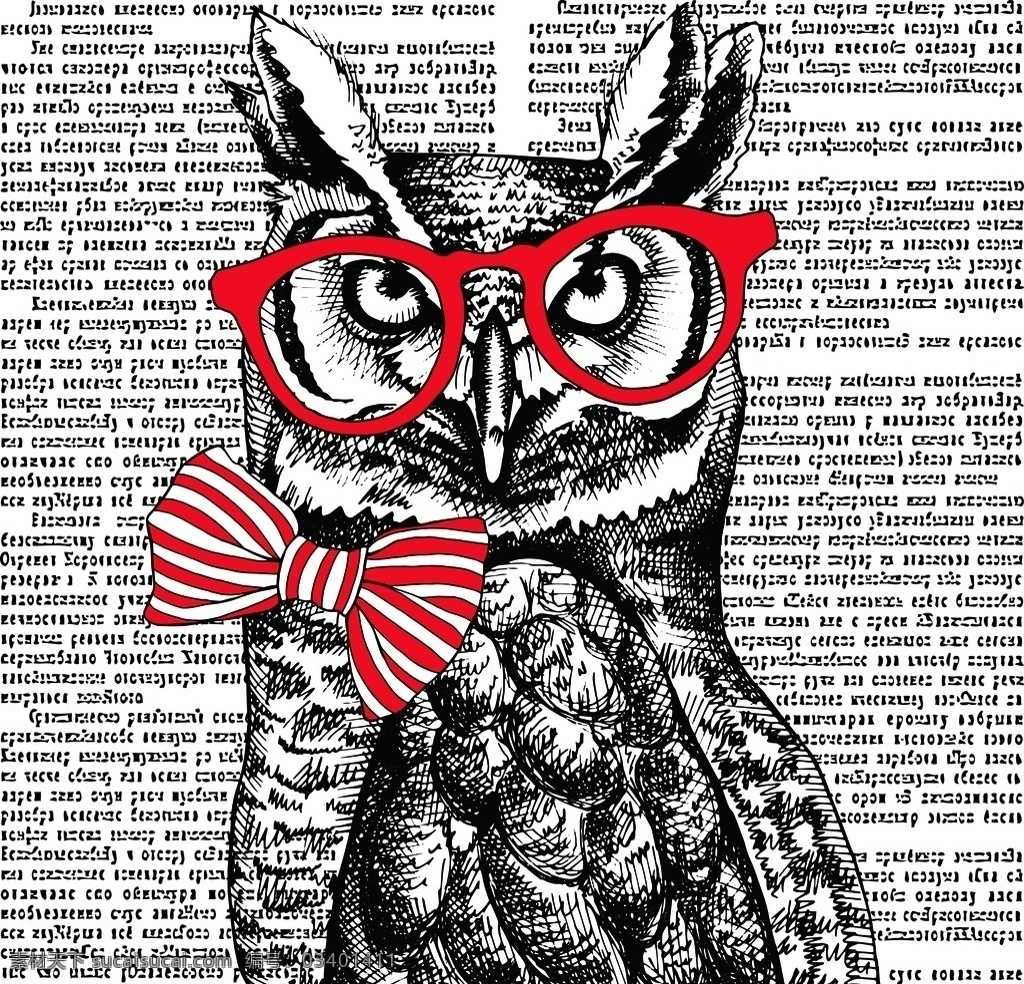 戴 眼镜 领结 猫头鹰 眼镜框 报纸 背景 报纸素材 环境设计 无框画