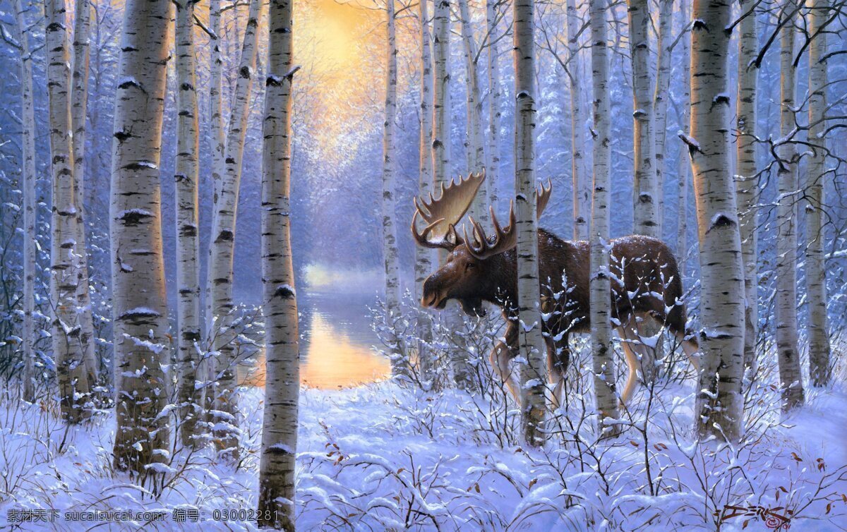 麋鹿 森林 冬天 雪地 大树 油画 冬季 动物 绘画书法 文化艺术