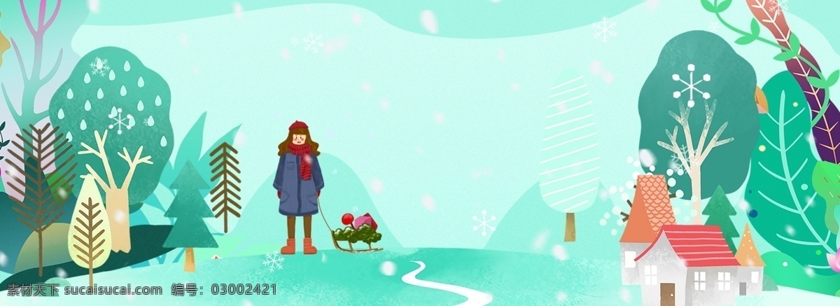 冬日 户外 玩 雪橇 女孩 服装 促销 海报 冬天 户外运动 人物 玩耍 出行 植物 树木 促销海报