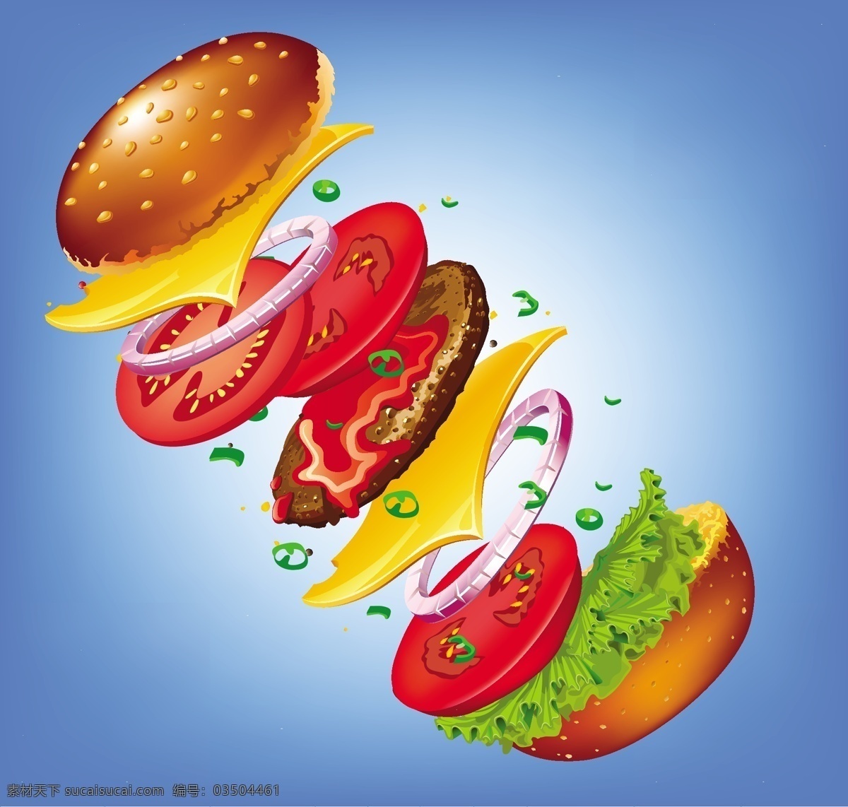 多层 汉堡 矢量 背景 多层汉堡 番茄 青菜 肉 西红柿 洋葱 面包 矢量背景