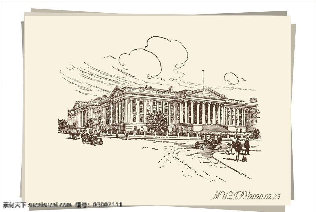 财政部 大楼 手绘 稿 美国 财政部大楼 白宫 建筑 素描画 手绘稿 自然景观 人文景观