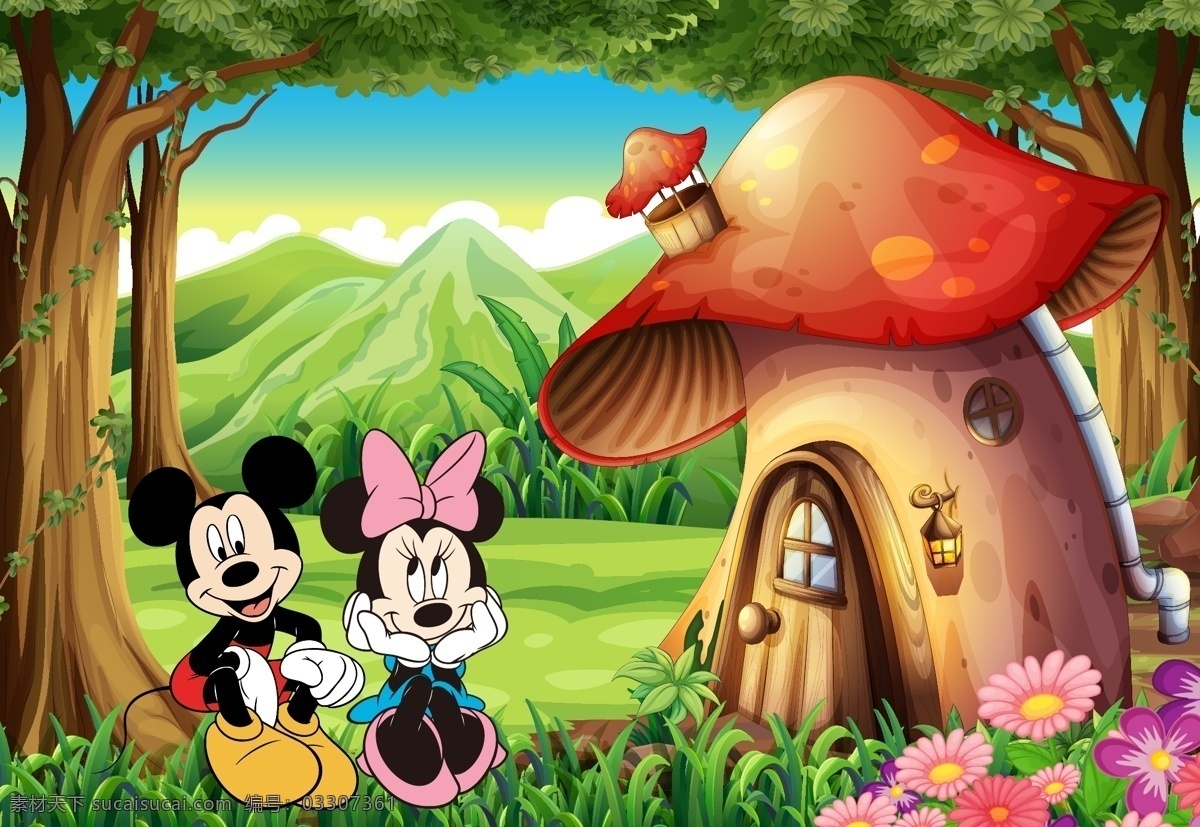 米奇米妮 蘑菇 房子 山 森林 树木 草地 花 卡通 矢量 蝴蝶结 卡通插画 动漫动画 风景漫画