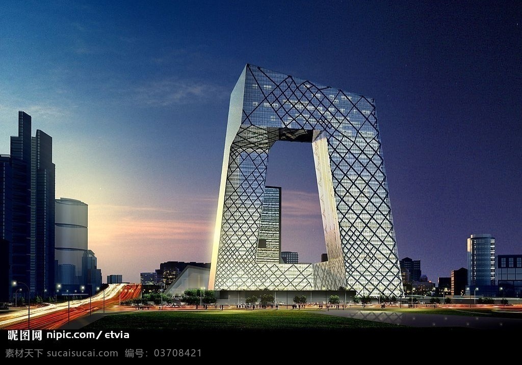中央电视台 大楼 大厦 北京 城市建筑 楼宇 黄昏 效果图 意境图 3d 广场 道路 3d设计 设计图库