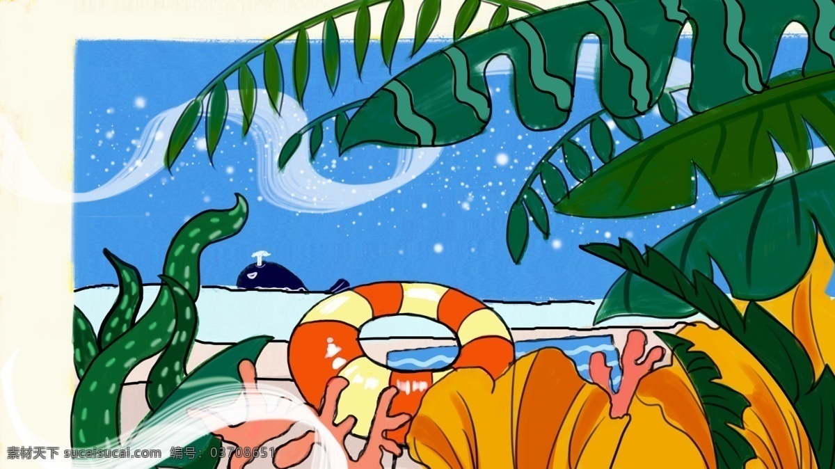简约 描 风格 处暑 海边 游泳 圈 植物 插画 壁纸 清新 节日 节气 绘画 桌面 绿植 泳圈