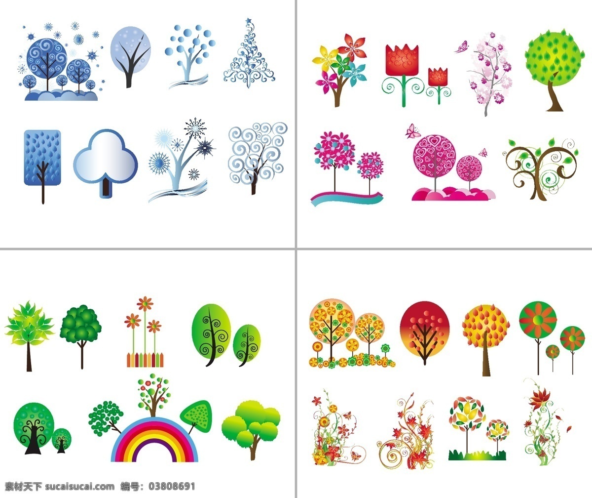 矢量 卡通 树木 背景 大树 矢量素材 雪花 矢量图