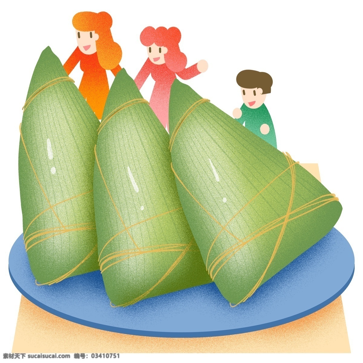 端午节 传统 粽子 插画 绿色 包粽子 粽叶 端午 习俗 美食 食物 糯米 男孩女孩 免扣png